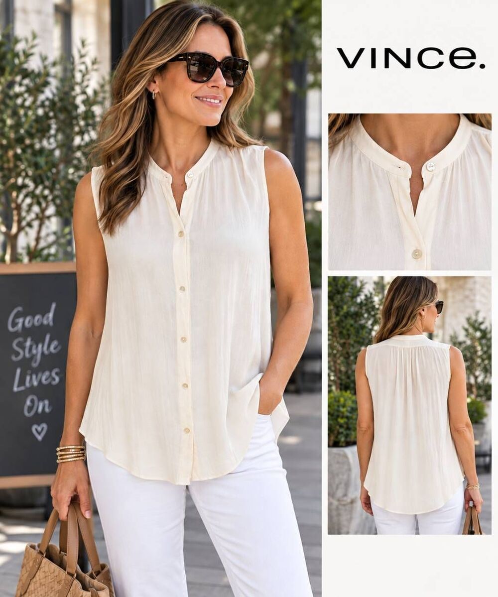 Vince Crinkled Pleated Band Collar Sleeveless Button Up Blouse Ivory Large